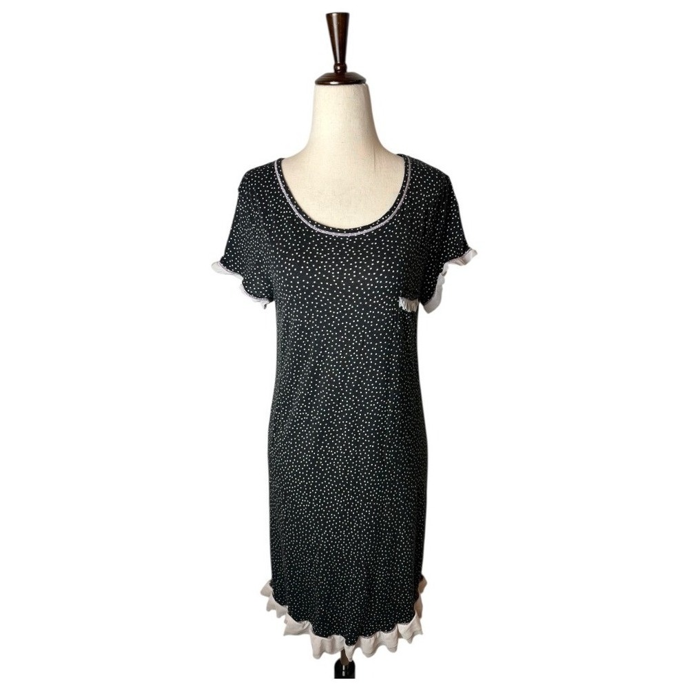 Layla Nightgown Women Medium Black White Polka Dot Ruffle Trim Sleep‎ Shirt
